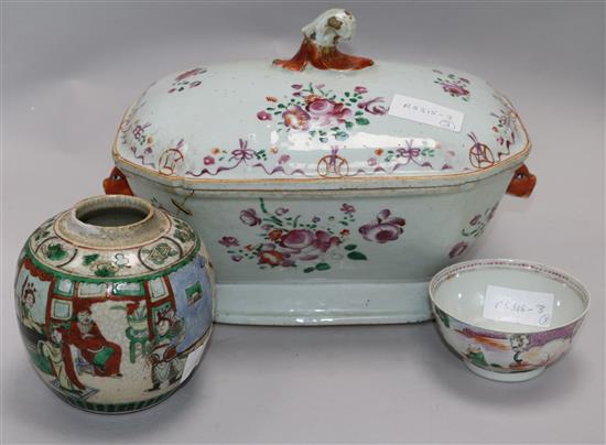 An 18th Chinese famille rose tureen and cover, a similar bowl and crackleglaze jar tureen height 27cm